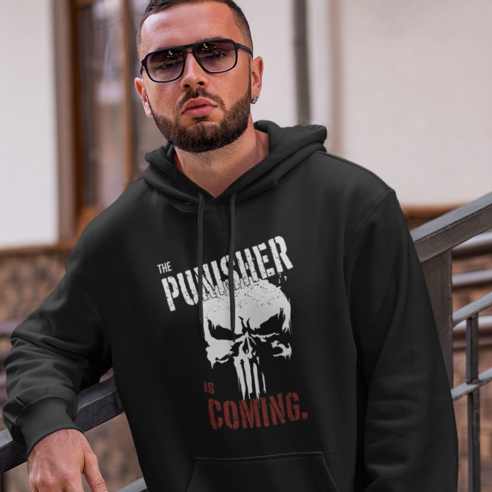 The Punisher Is Coming by Torrez Finney Unisex Hoodie, Light Logo on MILLIONS The Punisher Is Coming by Torrez Finney Unisex Hoodie, Light Logo