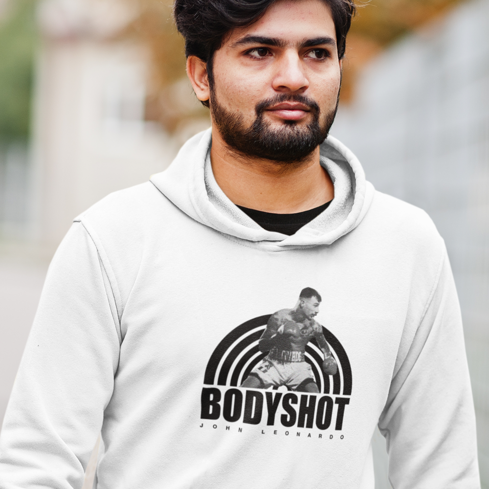 Male BodyShot John Leonardo Men's Hoodie, Black Logo MILLIONS
