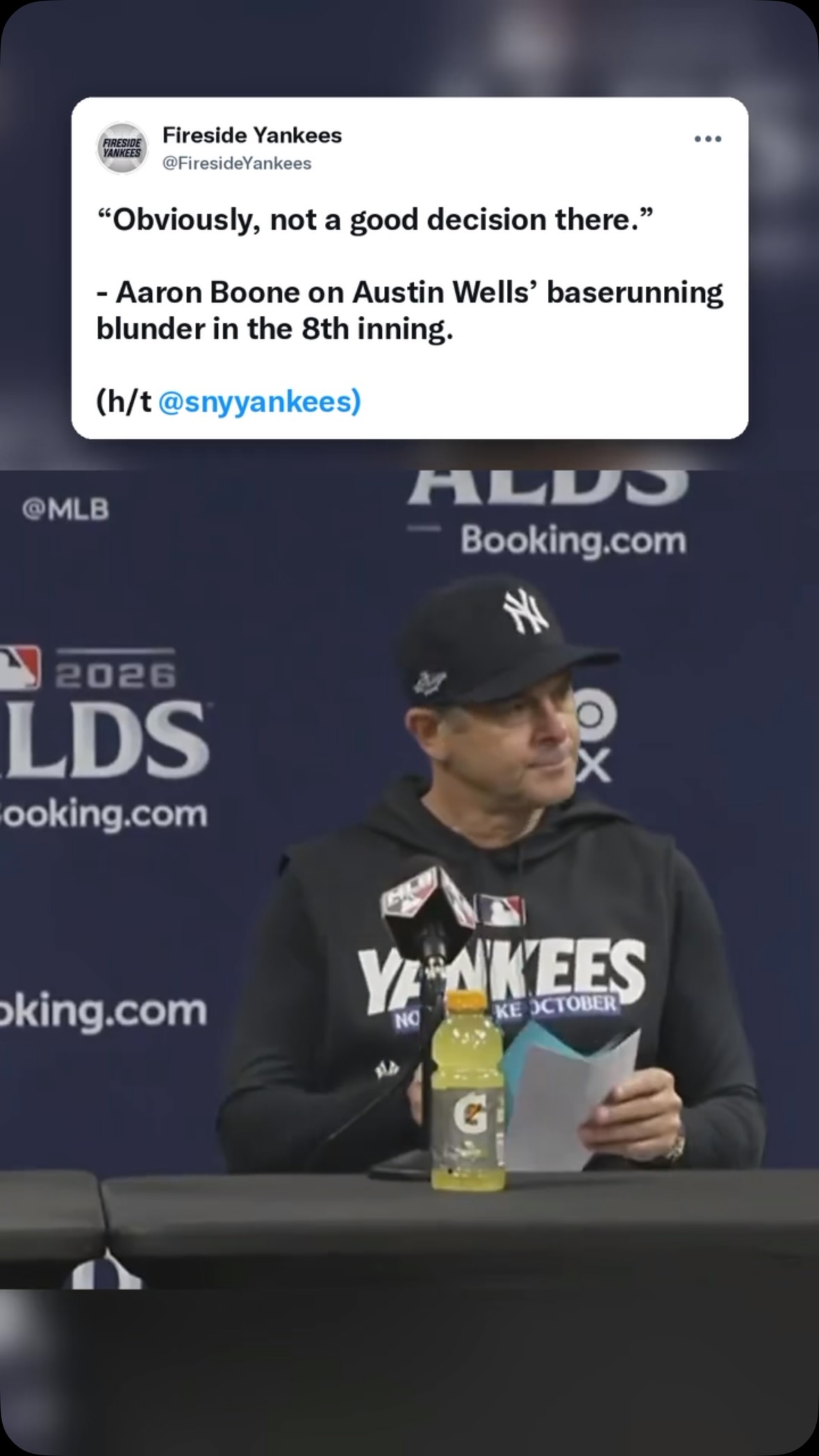 Aaron Boone on Austin Wells' baseru...