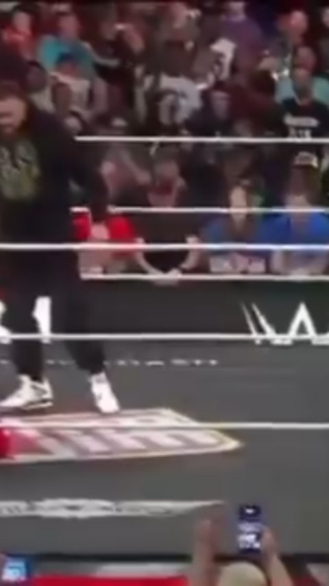 Roman Reigns in the ring as fans re...