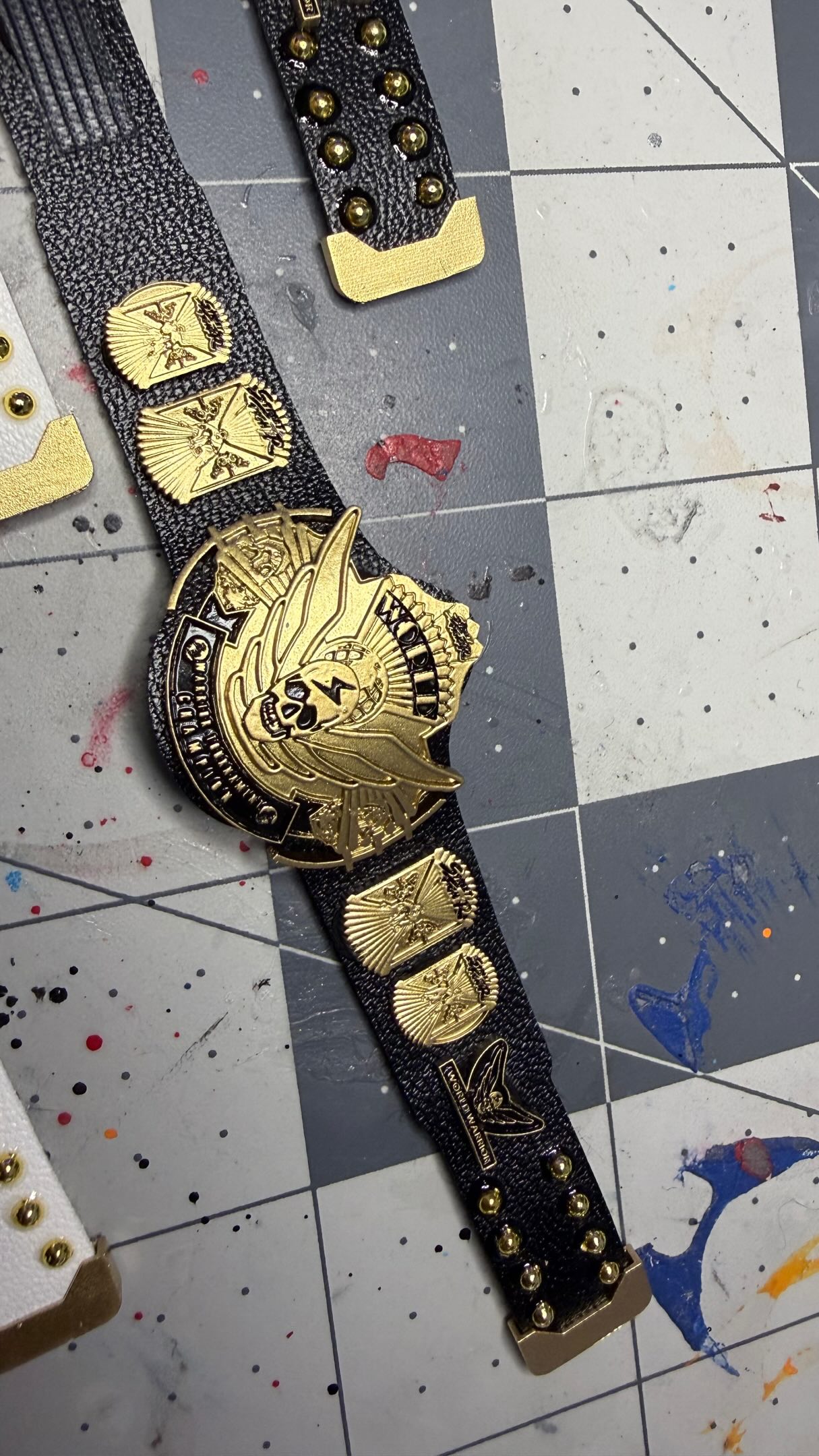 Close-up of a custom-made wrestling...
