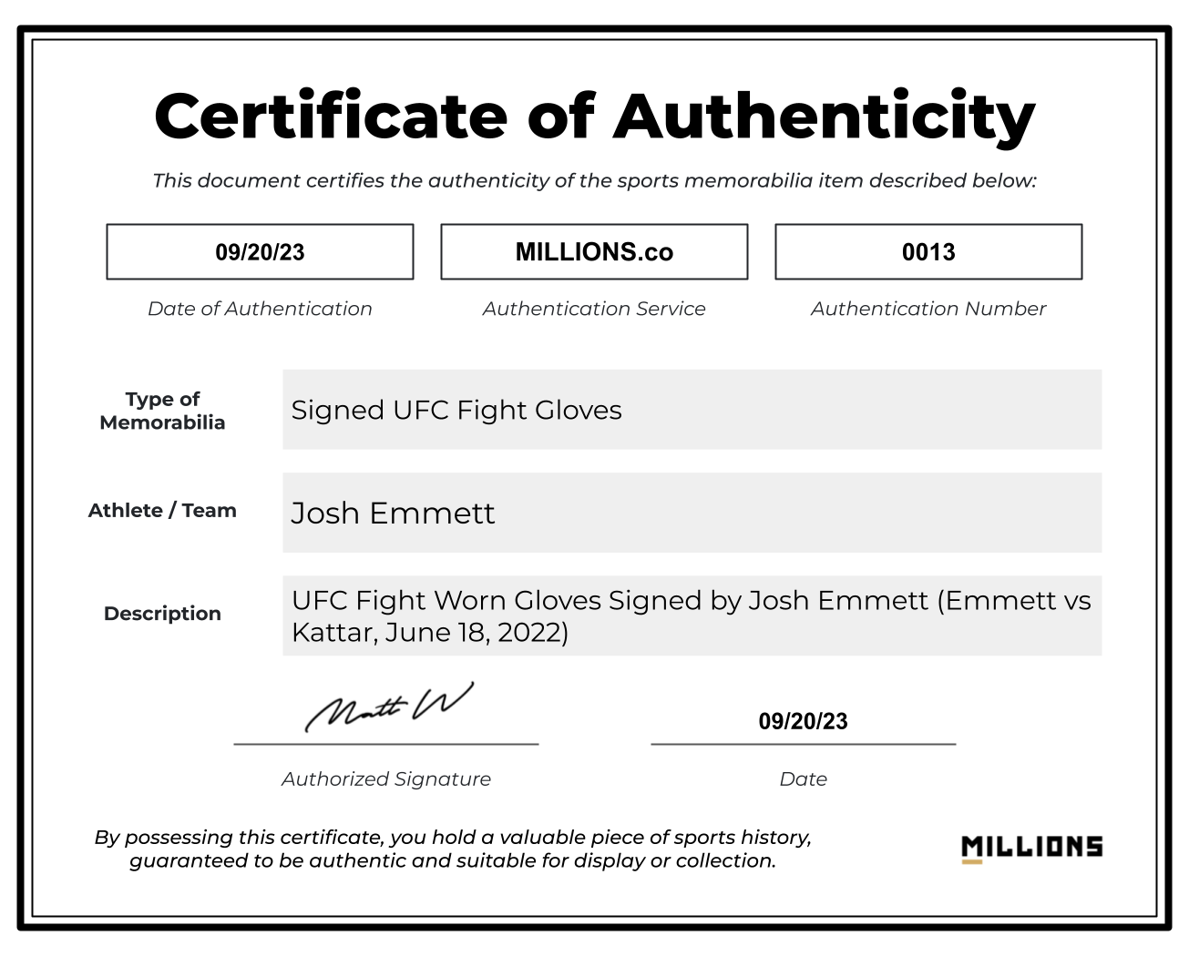 UFC Fight Worn Gloves Signed by Josh Emmett (Emmett vs Kattar, June 18, 2022) on MILLIONS UFC Fight Worn Gloves Signed by Josh Emmett (Emmett vs Kattar, June 18, 2022)