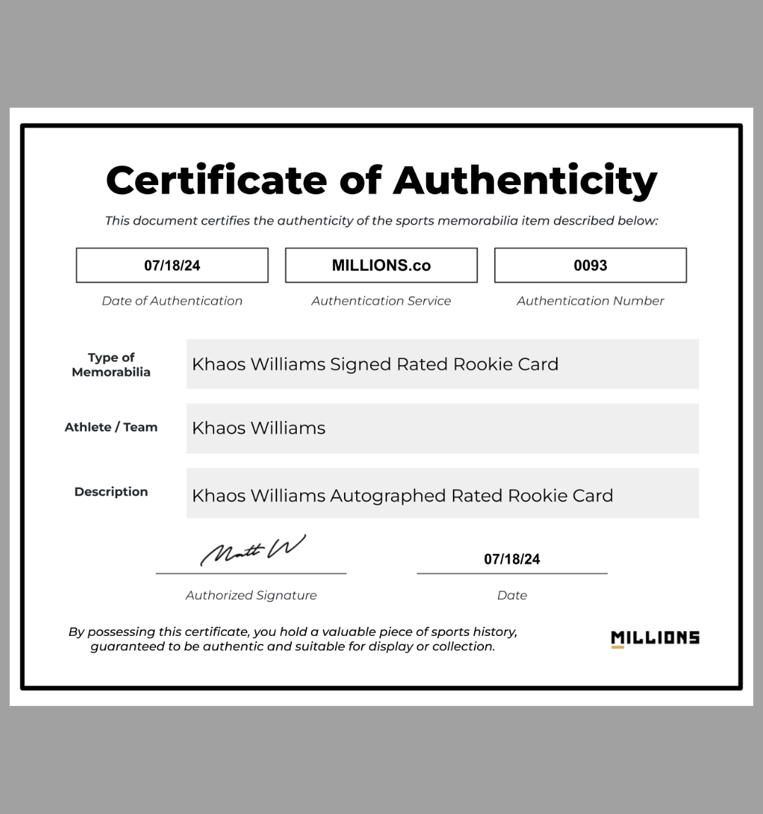 Khaos Williams Autographed Rated Rookie Card on MILLIONS Khaos Williams Autographed Rated Rookie Card