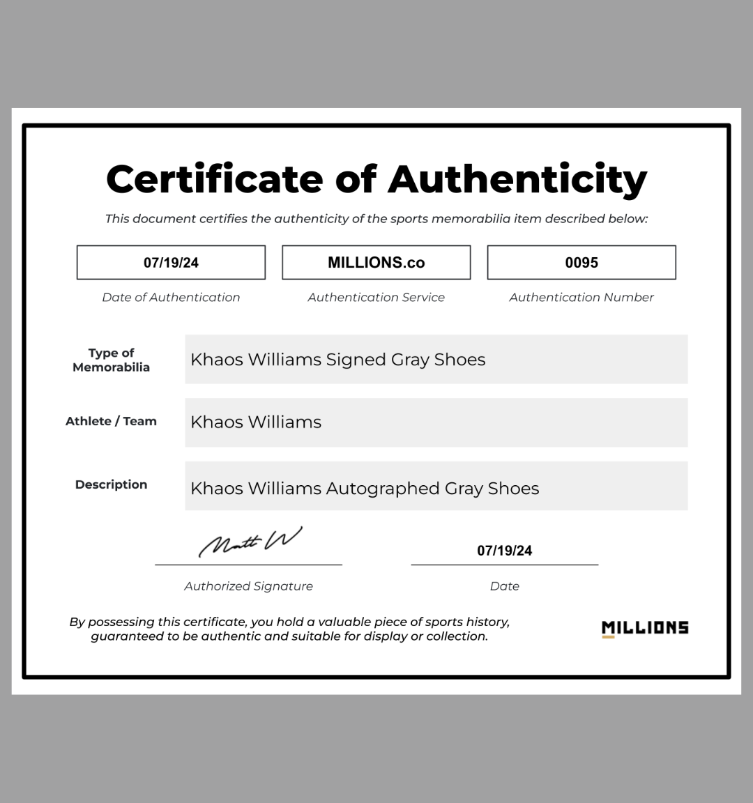 Khaos Williams Signed Grey Shoes on MILLIONS Khaos Williams Signed Grey Shoes