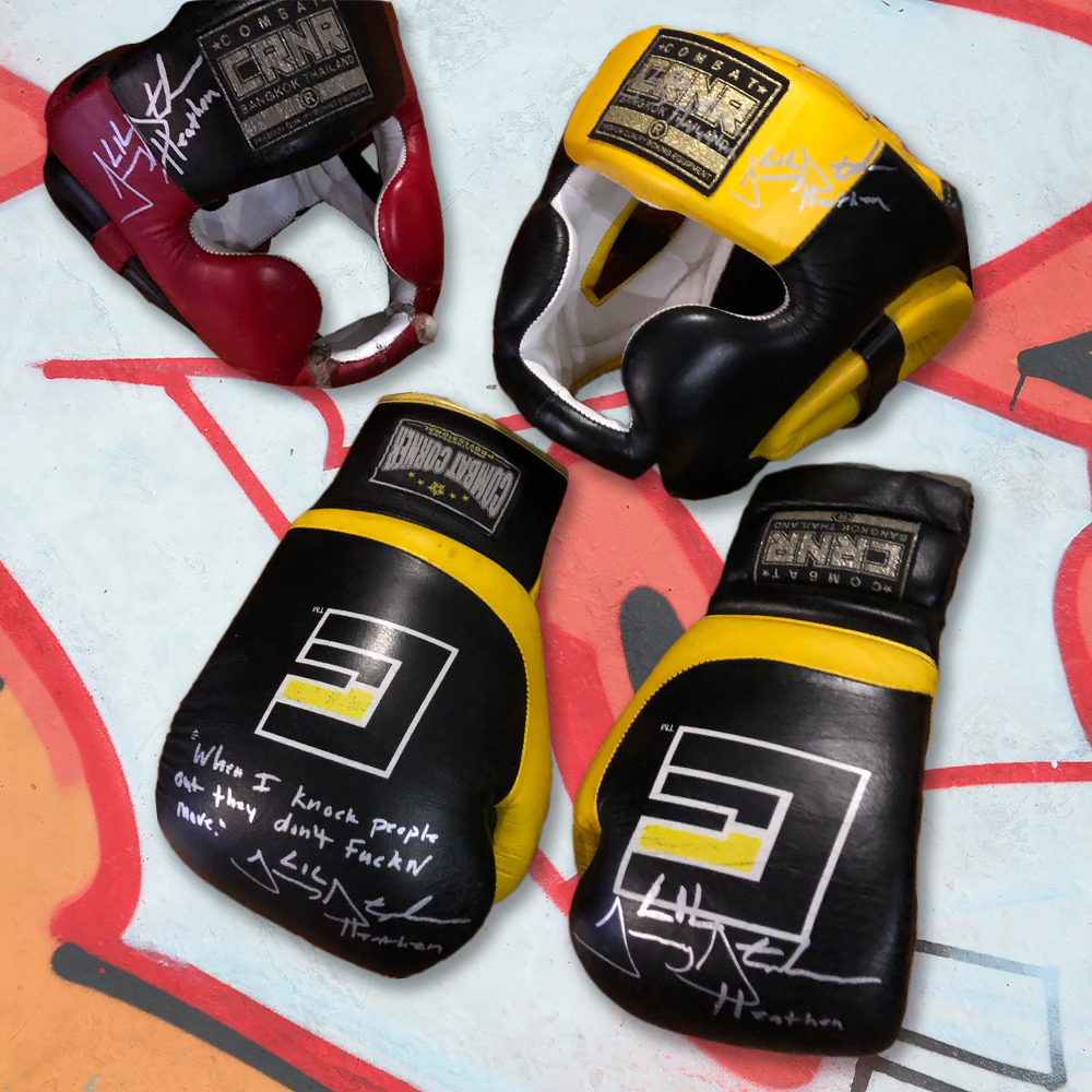 Head Gear & Training Gloves, Signed By Jeremy "Lil Heathen" Stephens on MILLIONS Head Gear & Training Gloves, Signed By Jeremy "Lil Heathen" Stephens