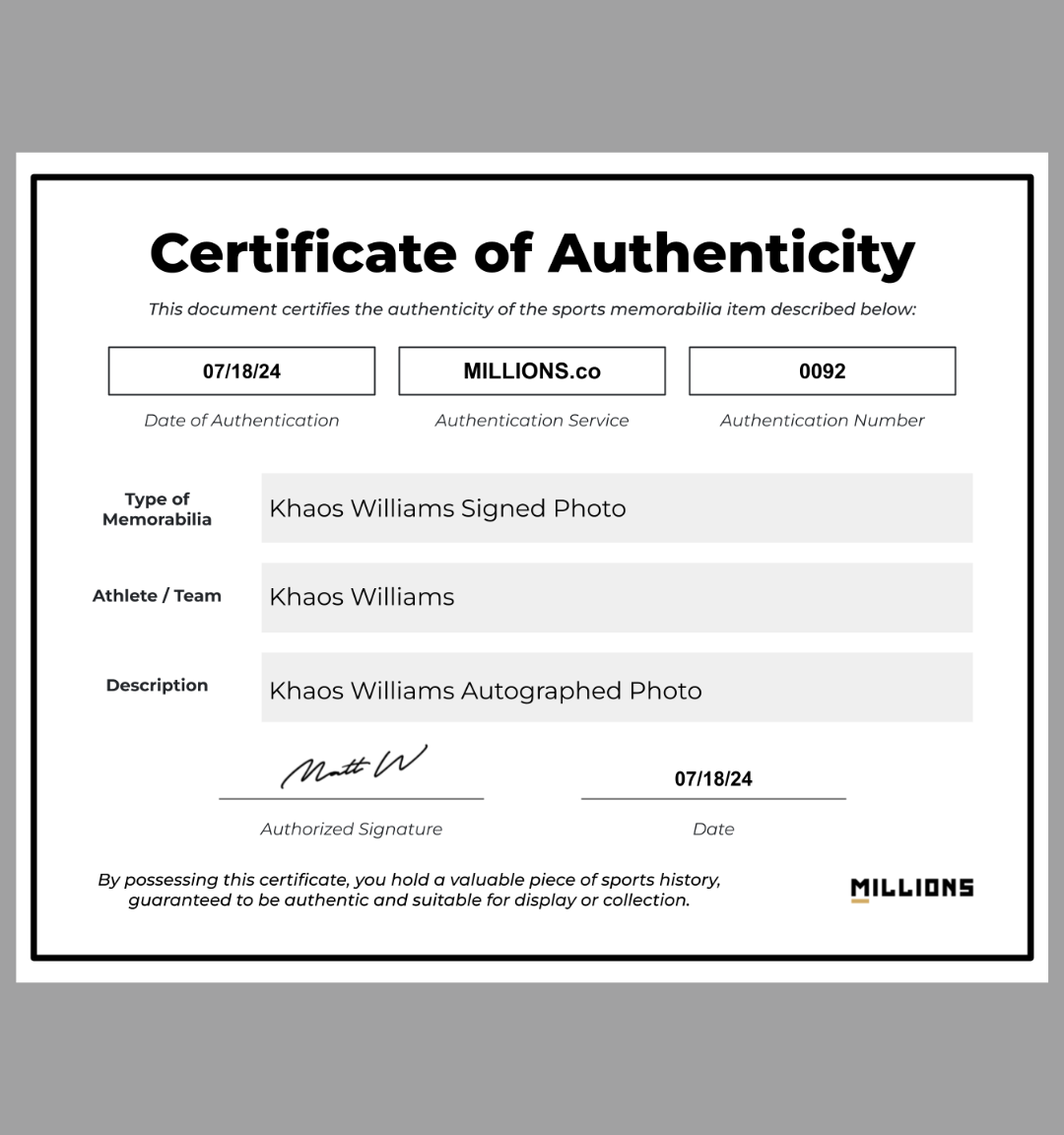 Khaos Williams Autographed Photo on MILLIONS Khaos Williams Autographed Photo