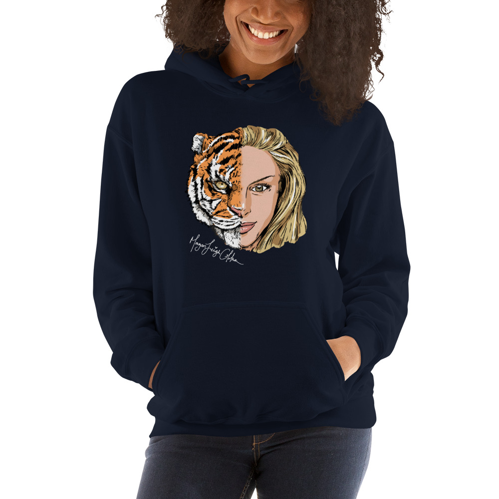 Half Tiger Half Face Morgan Leigh Oldham Hoodie, White Logo