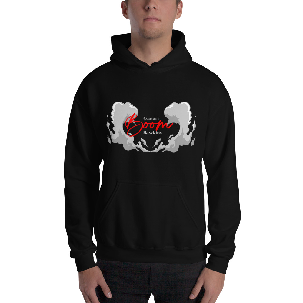 "Boom" by Comari Hawkins Hoodie, Dark Logo