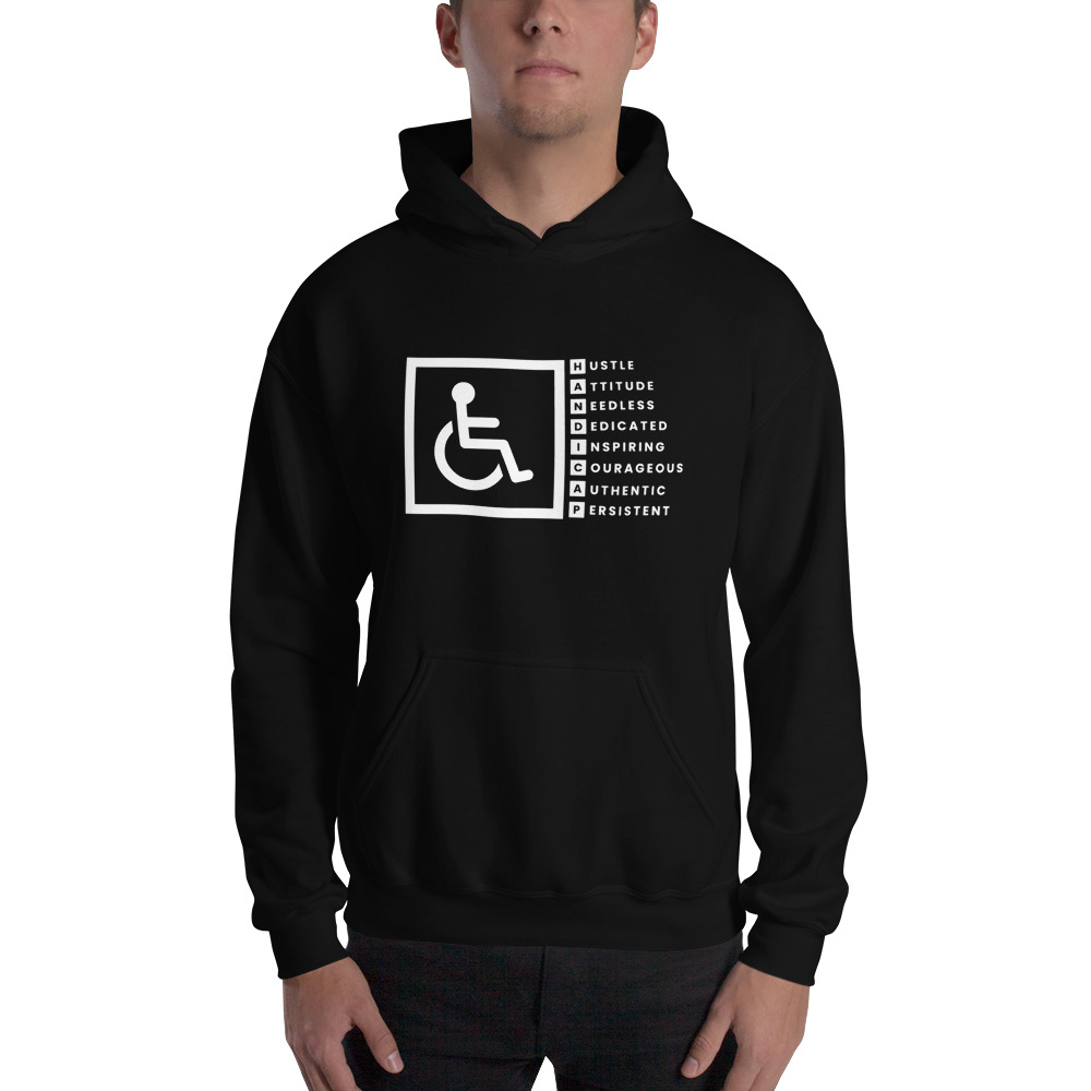 "H.A.N.D.I.C.A.P." by Timothy Ruffino Hoodie, White Logo
