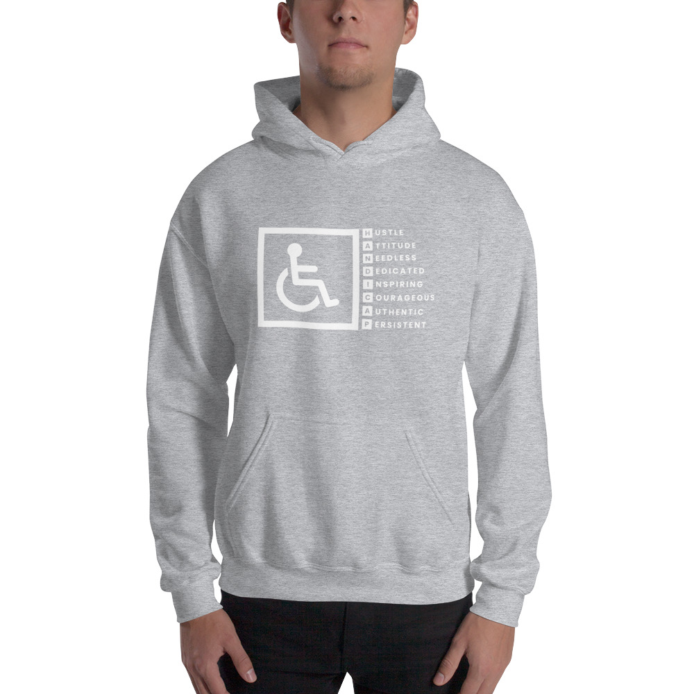 "H.A.N.D.I.C.A.P." by Timothy Ruffino Hoodie, White Logo