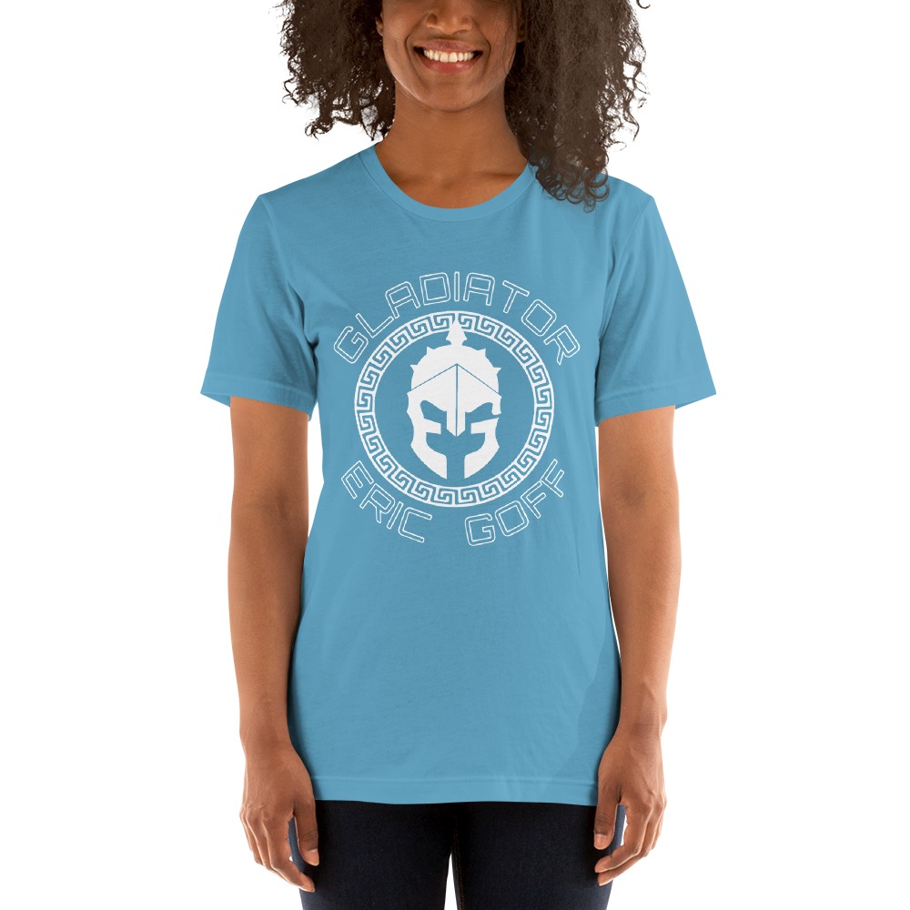   WOMEN'S GLADIATOR T-SHIRT BY ERIC GOFF, WHITE LOGO