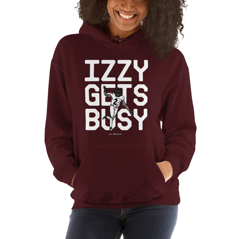 "Izzy Gets Busy" by Izzy Abanikanda, Hoodie, Light Logo