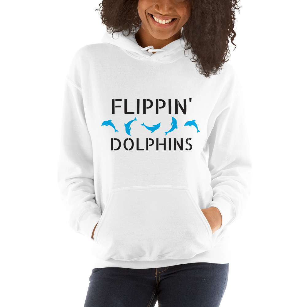 "Flipping Dolphins" by Nicolette Pawar Hoodie, Dark Logo