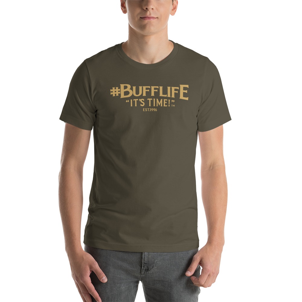 "BUFFLIFE" BY BRUCE BUFFER, MEN'S T-SHIRT, OLD GOLD LOGO