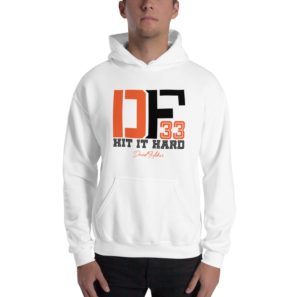 DF33 Hit It Hard by David Fulcher Hoodie, Dark Logo on MILLIONS DF33 Hit It Hard by David Fulcher Hoodie, Dark Logo