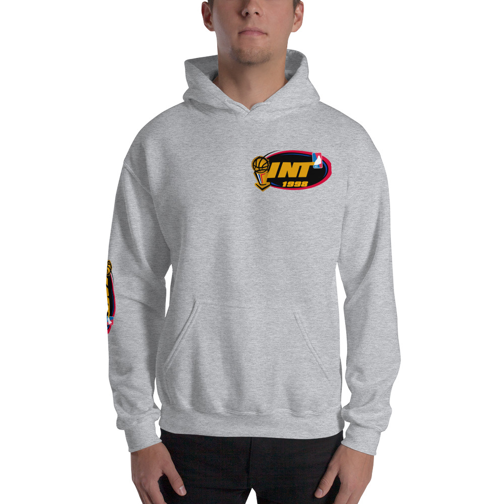 "INT 1998" by Allen Sims Unisex Hoodie , Mini Logo and Sleeve on MILLIONS "INT 1998" by Allen Sims Unisex Hoodie , Mini Logo and Sleeve