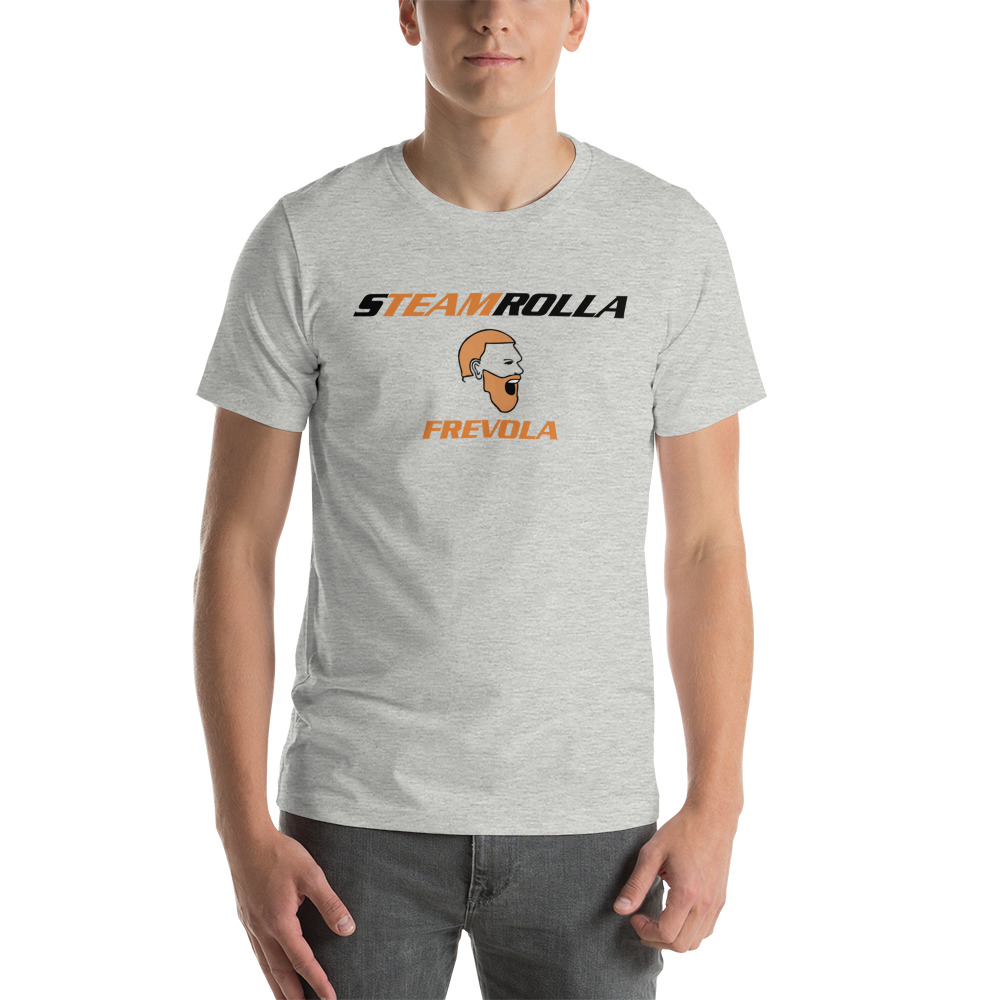 Streamrolla Frevola by Matt Frevola T-Shirt, Orange Black Mini Logo on MILLIONS Streamrolla Frevola by Matt Frevola T-Shirt, Orange Black Mini Logo