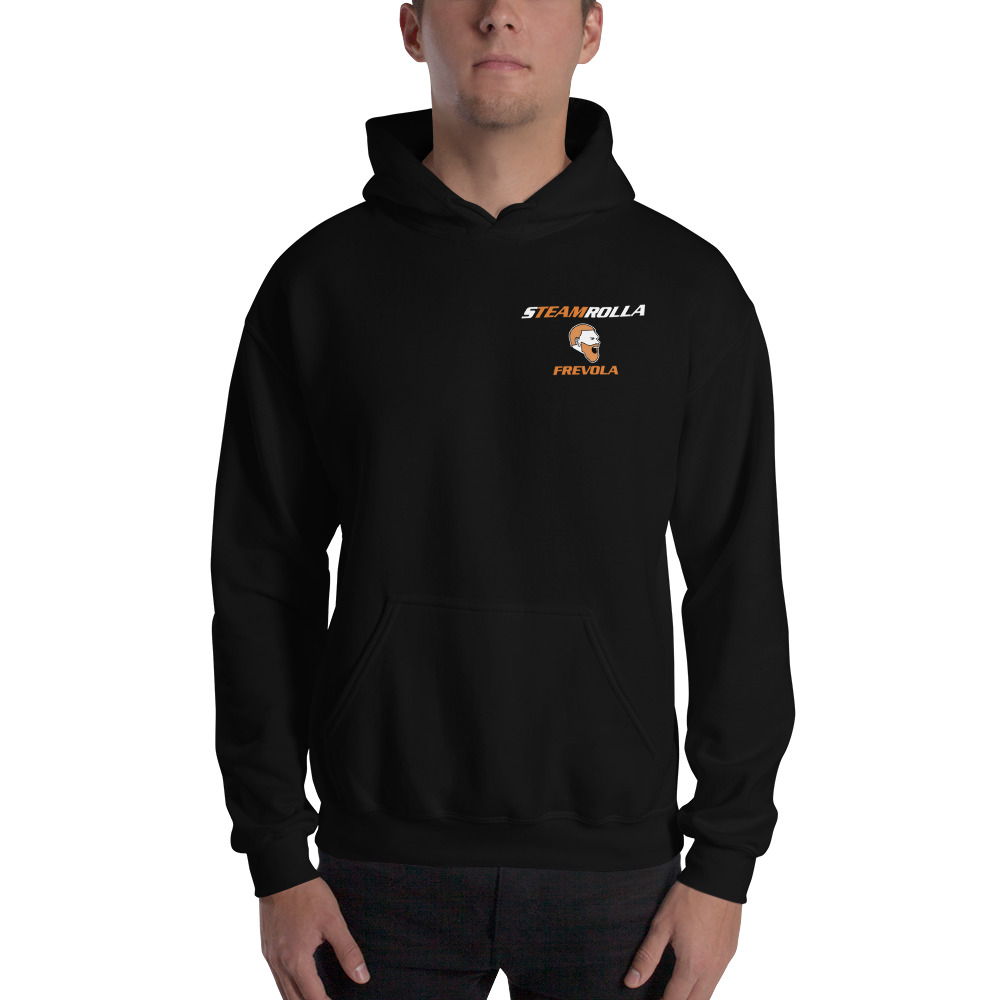 Streamrolla Frevola by Matt Frevola Unisex Hoodie, Orange White Mini Logo on MILLIONS Streamrolla Frevola by Matt Frevola Unisex Hoodie, Orange White Mini Logo