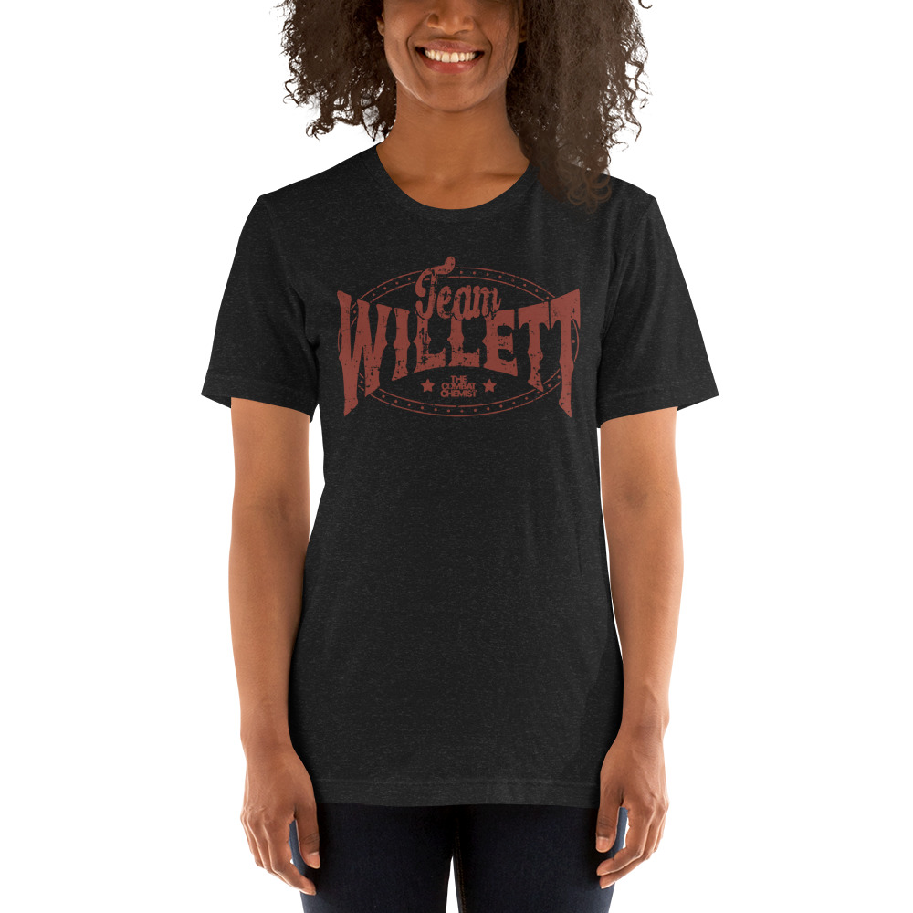 Team Willett by Willett Boxing Coach Unisex T-Shirt, Red Logo on MILLIONS Team Willett by Willett Boxing Coach Unisex T-Shirt, Red Logo