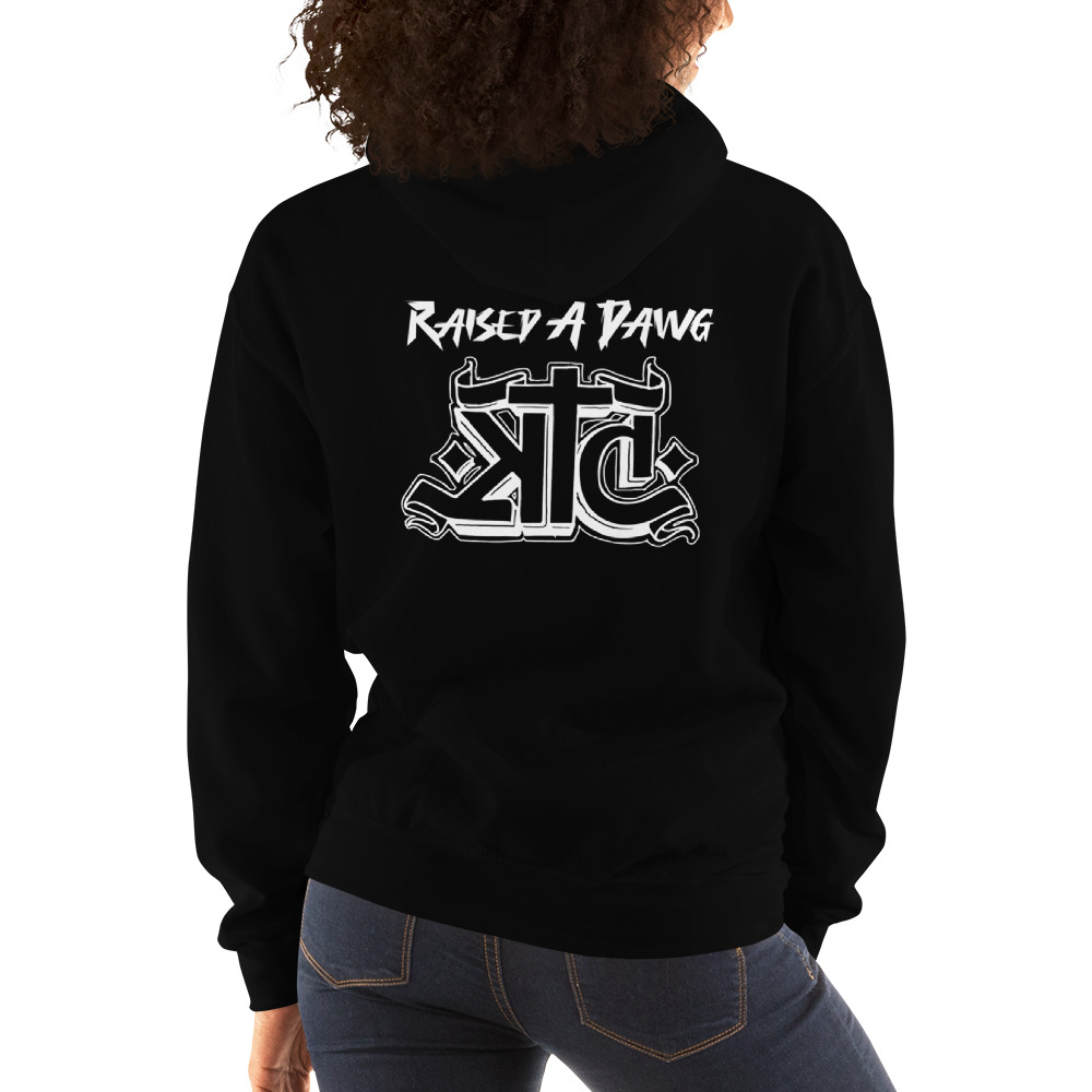 Born A Beast Raised A Dawg by Kendo Castaneda Unisex Hoodie, White Logo