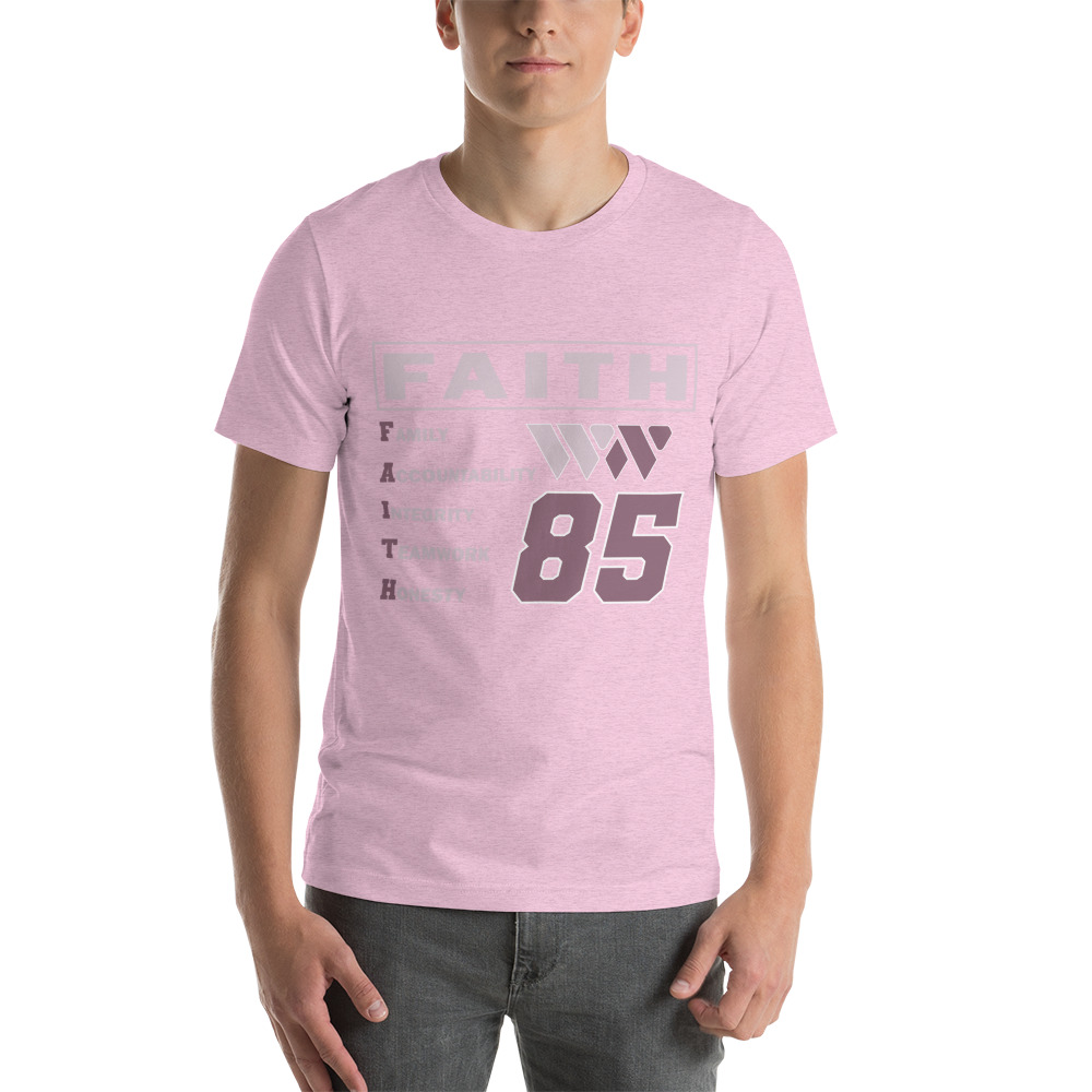 FAITH by Wesley Walker Men's T-Shirt, Pink in Light Logo on MILLIONS FAITH by Wesley Walker Men's T-Shirt, Pink in Light Logo