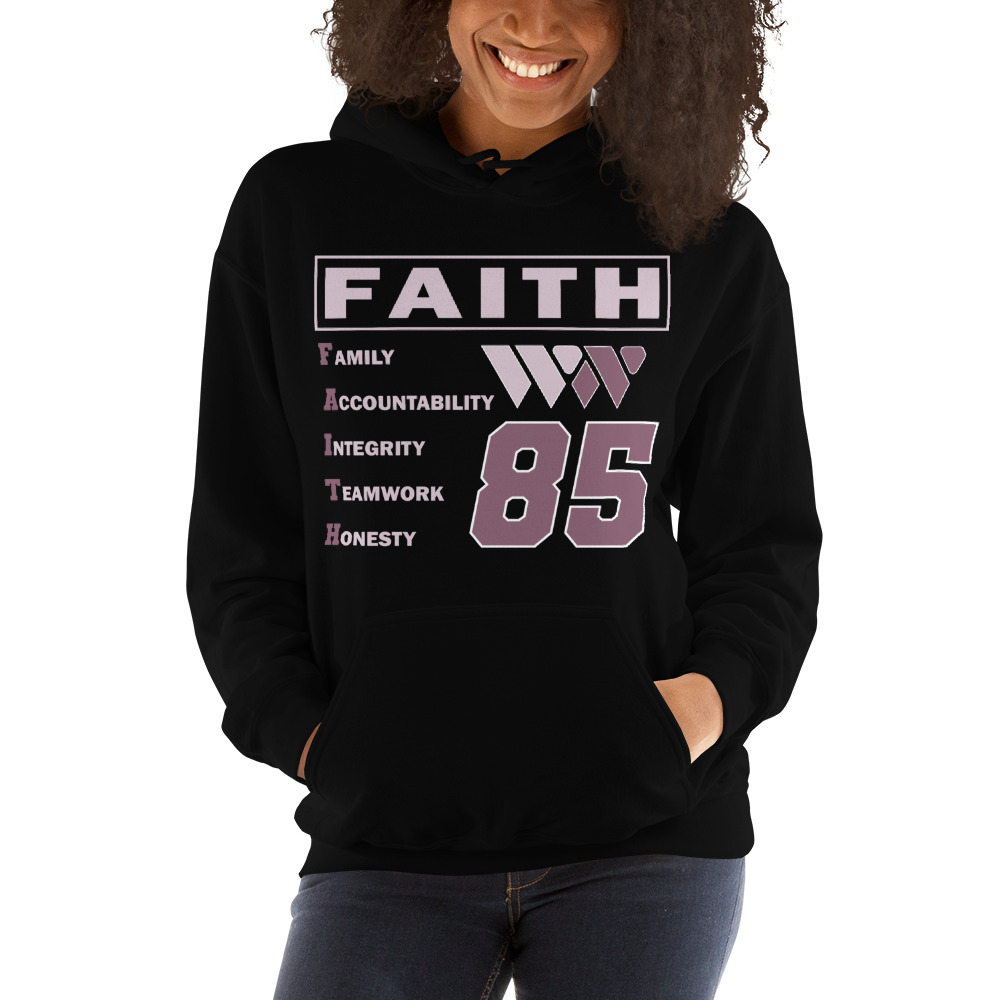 FAITH by Wesley Walker Women's Hoodie, Pink in Light Logo on MILLIONS FAITH by Wesley Walker Women's Hoodie, Pink in Light Logo