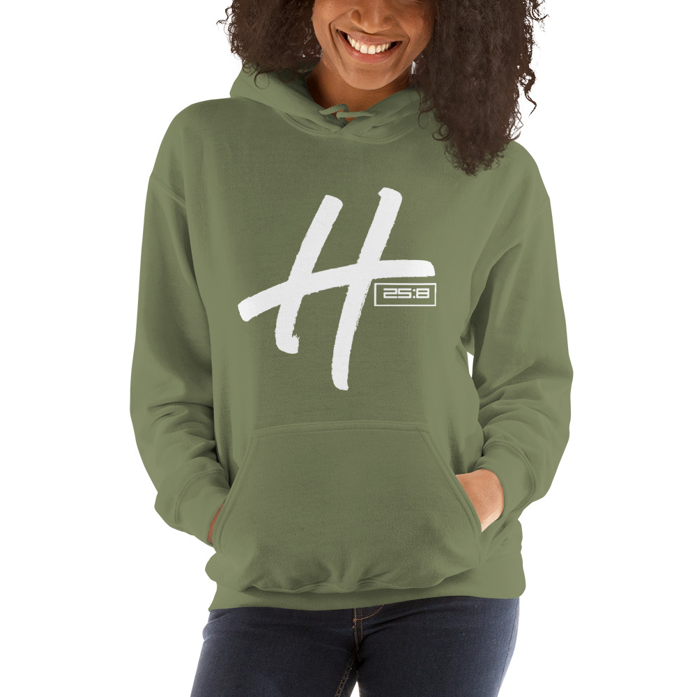  Hustle 25:8 by Craig Rucker Unisex Hoodie, White Logo