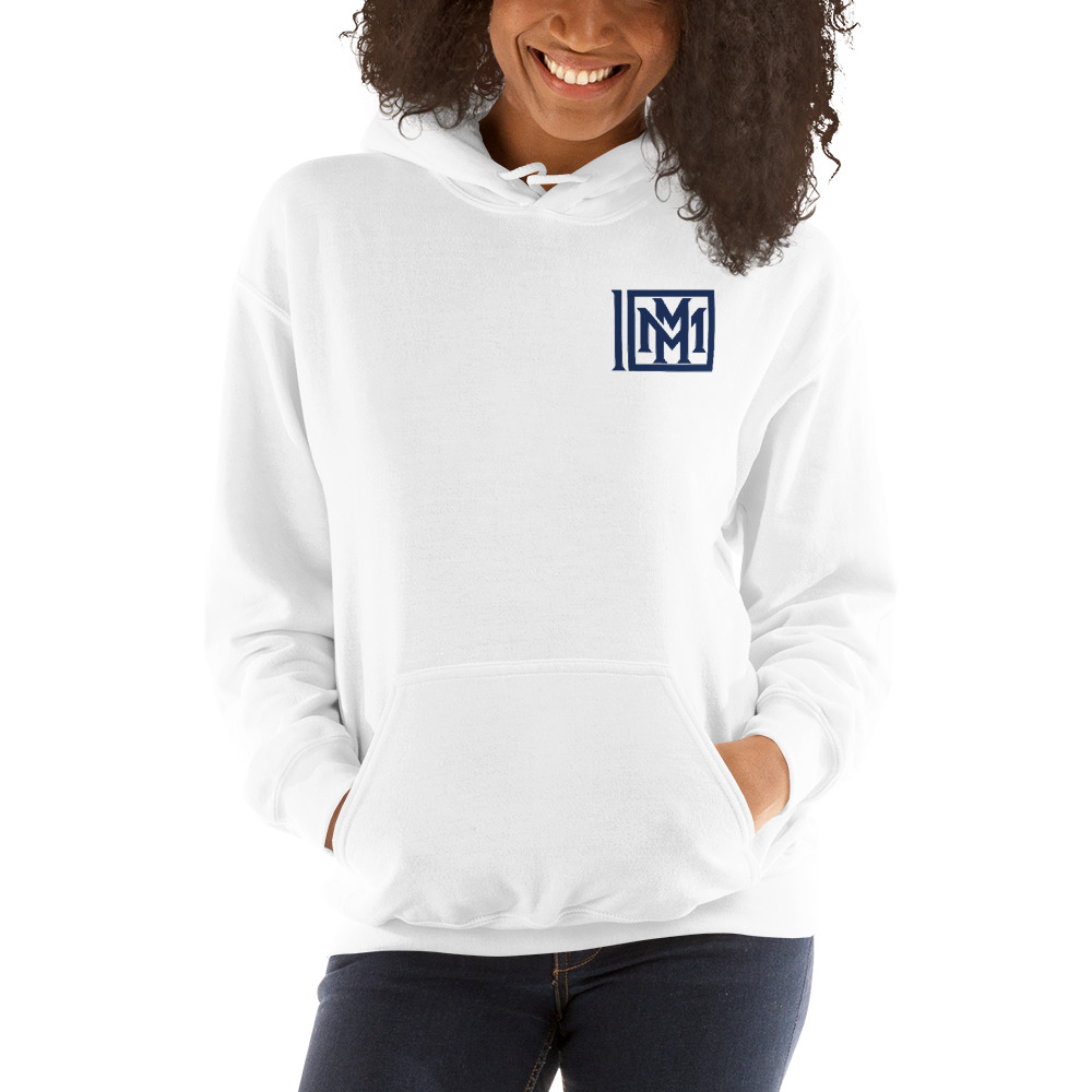Miguel Mitchell by MAWI Unisex Hoodie, Dark Blue Logo on MILLIONS Miguel Mitchell by MAWI Unisex Hoodie, Dark Blue Logo