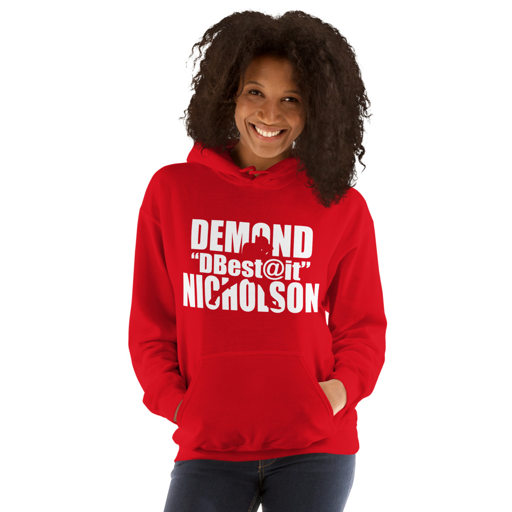 "DBest@It" by Demond Nicholson, Women's Hoodie White Logo on MILLIONS "DBest@It" by Demond Nicholson, Women's Hoodie White Logo