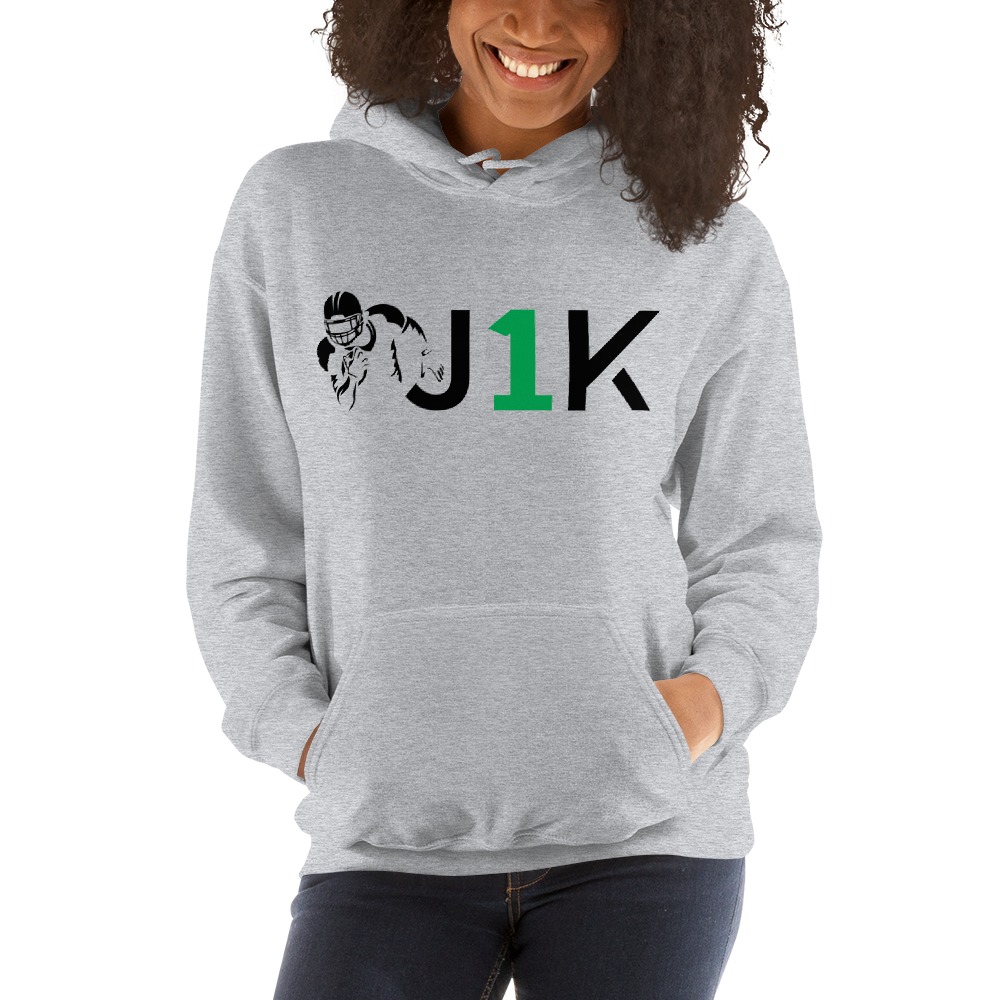 "J1K" V#8 by Jalen Frye Women's Hoodie, Green Logo on MILLIONS "J1K" V#8 by Jalen Frye Women's Hoodie, Green Logo