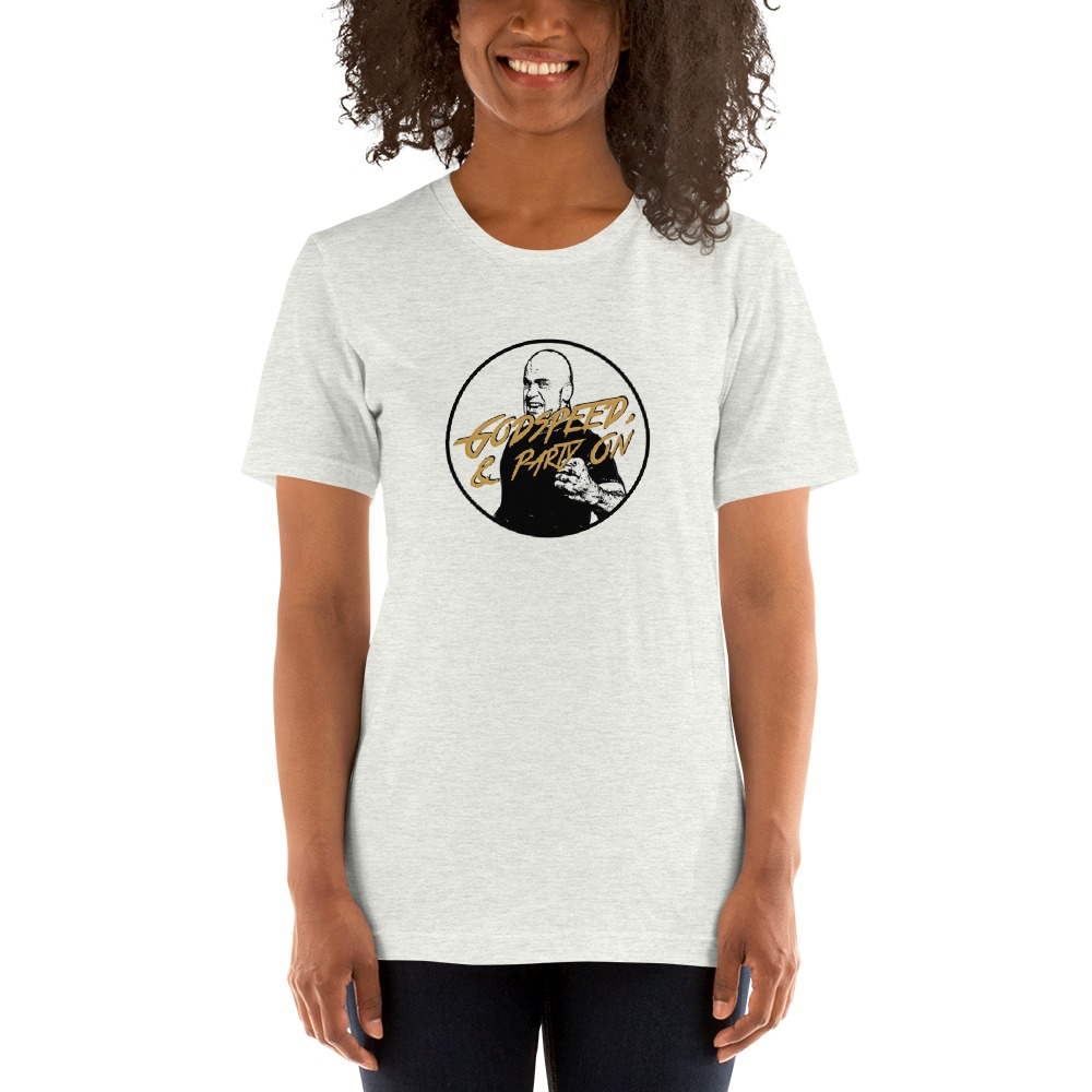 "Godspeed & Party On" by Bas Rutten, Women's T-Shirt, Black and White Logo