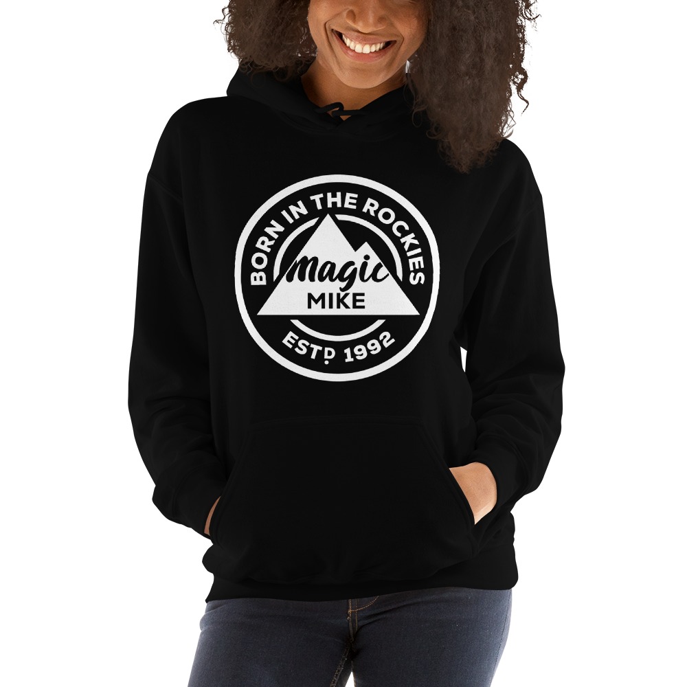 Born in the Rockies by Mike Hamel Hoodie, White logo